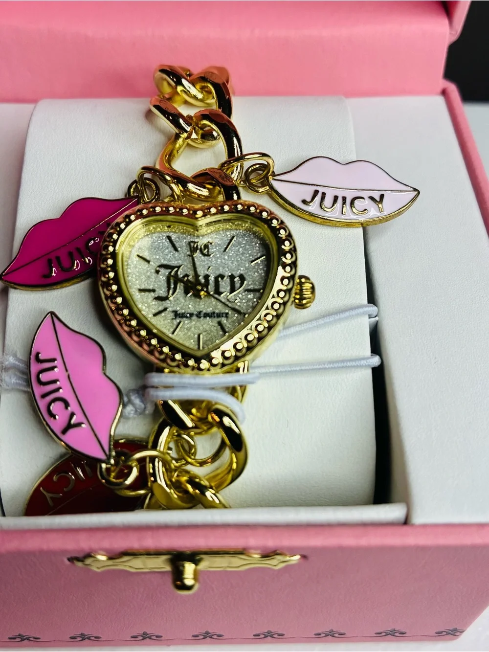 Juicy Couture Gold Heart Charm Watch with Pink Lip Charms